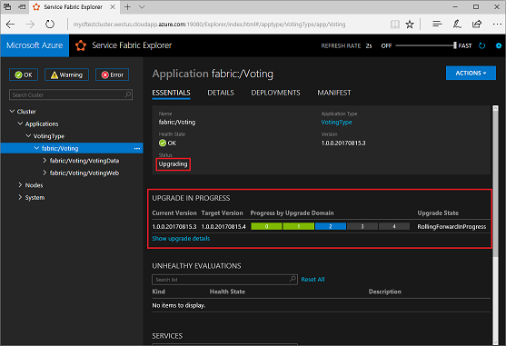 Screenshot der Abstimmungs-App im Service Fabric-Explorer, die in einem Browser ausgeführt wird, mit hervorgehobenen Statusmeldungen.