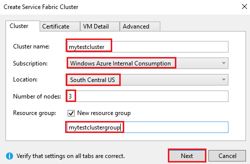 Screenshot der Registerkarte „Cluster“ des Dialogs „Service Fabric-Cluster erstellen“.