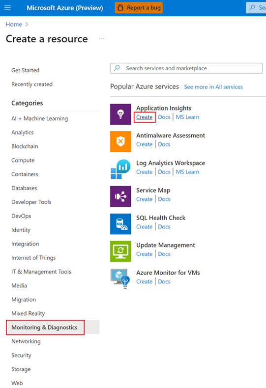 Screenshot, der zeigt, wie Sie eine neue Application Insights-Ressource erstellen.