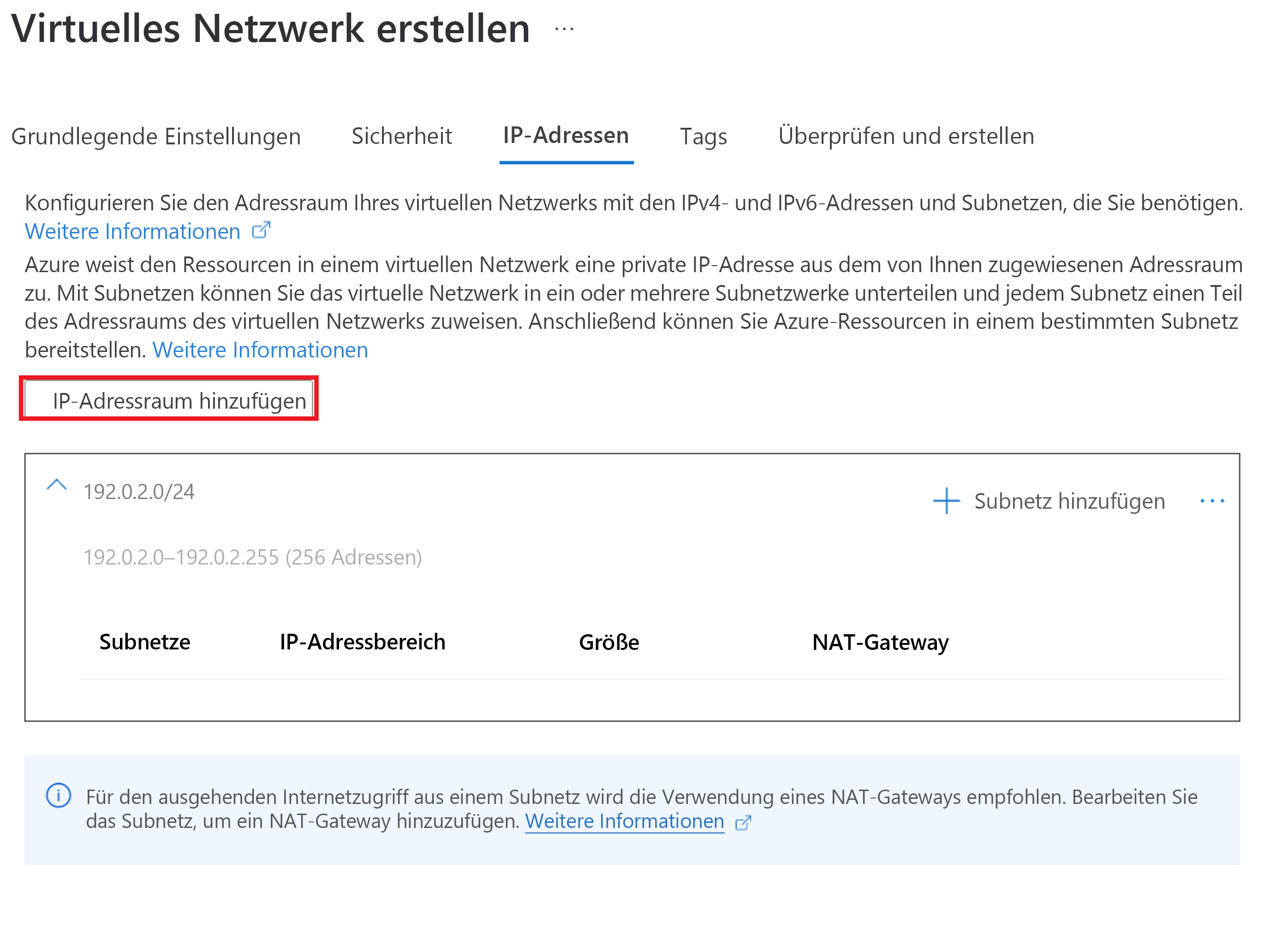 Screenshot zeigt das Hinzufügen eines IP-Adressraums.