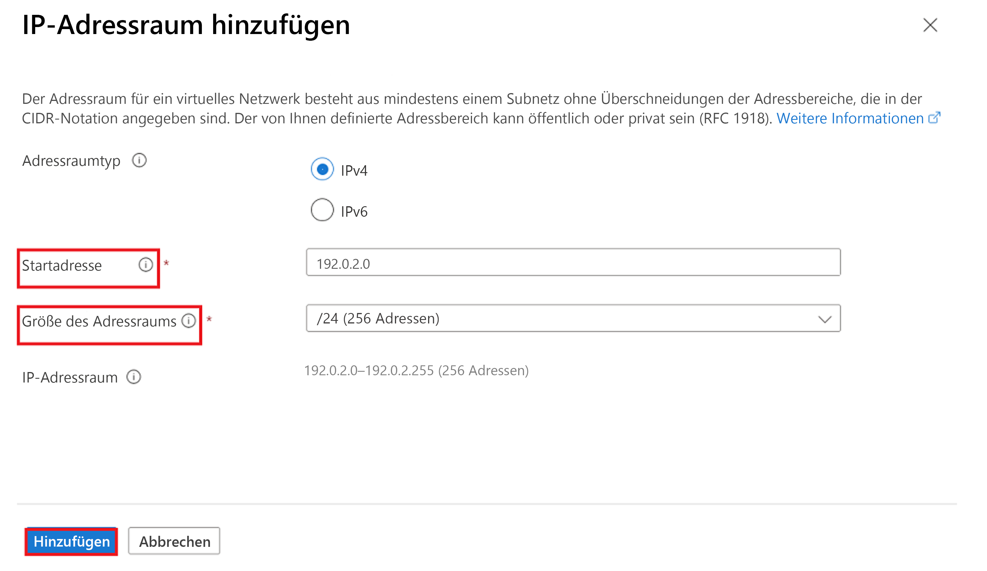 Screenshot zeigt die Optionen für „Virtuelles Netzwerk hinzufügen“.