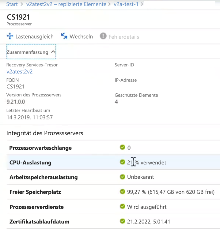 Details zum Prozessserver im Dashboard des virtuellen Computers