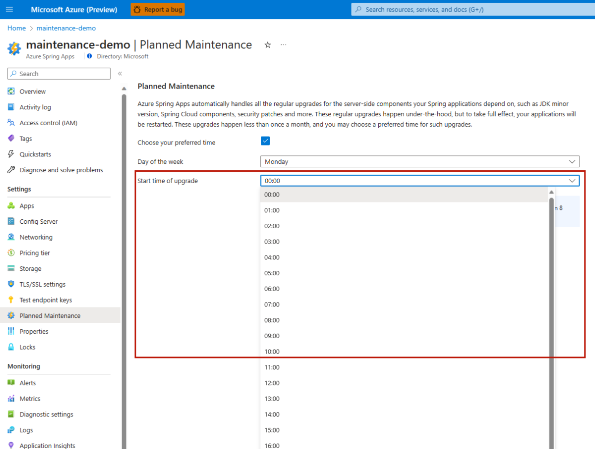 Screenshot der Azure-Portalseite „Geplante Wartung“ mit hervorgehobener Option „Startzeit des Upgrades“