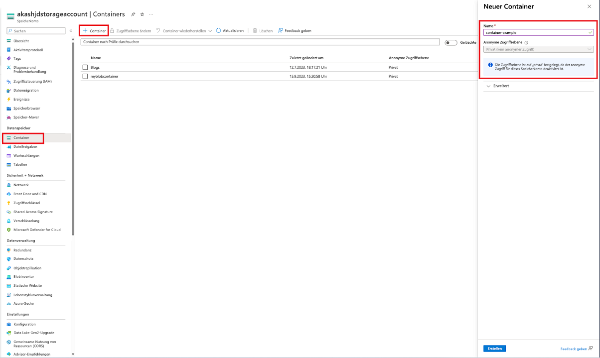 Screenshot showing how to create a container within the Azure portal.