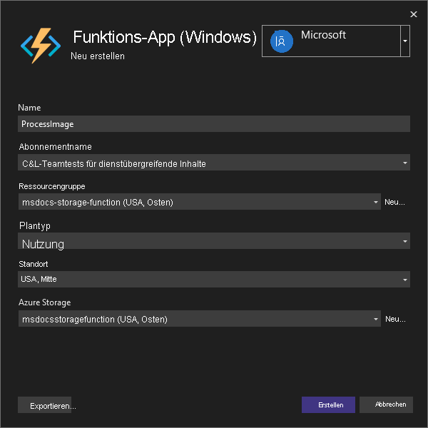 Screenshot: Erstellen einer neuen Funktions-App in Azure