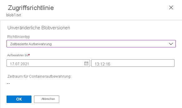 Screenshot: Konfigurieren einer Aufbewahrungsrichtlinie für die aktuelle Version eines Blobs