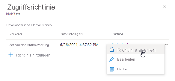 Screenshot: Sperren einer zeitbasierten Aufbewahrungsrichtlinie im Azure-Portal