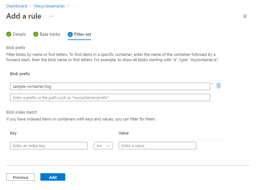 Seite mit dem Filtersatz für Lebenszyklusverwaltung im Azure-Portal