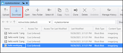 Screenshot des Herunterladens von Bobs im Microsoft Azure Storage-Explorer