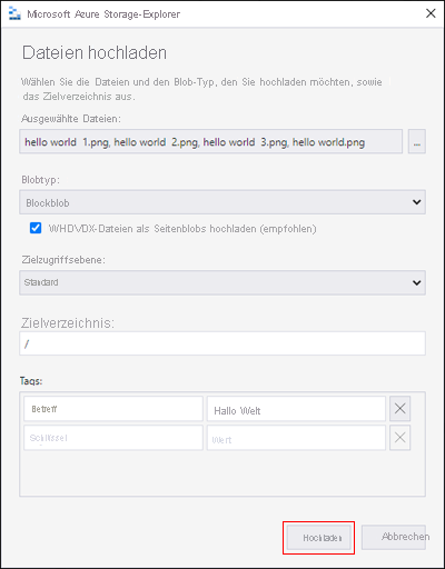 Microsoft Azure Storage-Explorer – Blob hochladen