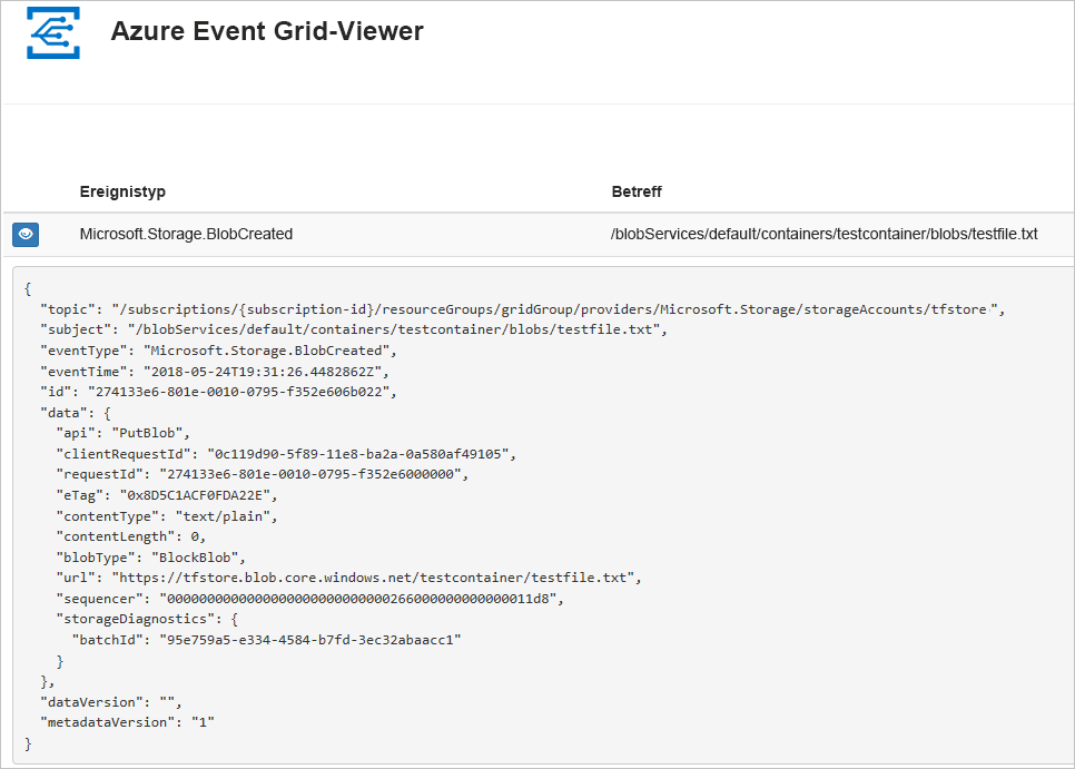 Screenshot des Azure Event Grid-Viewers mit Ereignisdaten, die an die Web-App gesendet wurden