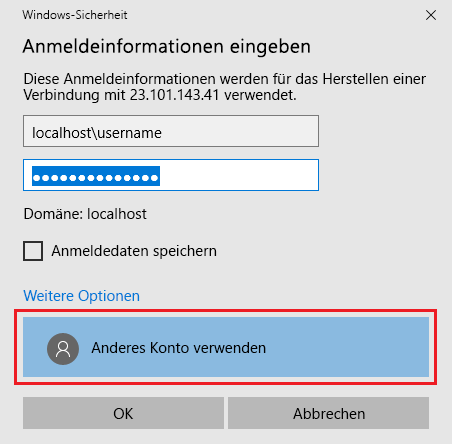 Screenshot: Eingeben Ihrer Anmeldeinformationen für die VM