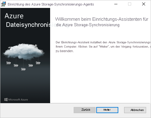 Die erste Seite des Installers für den Azure-Dateisynchronisierungs-Agent