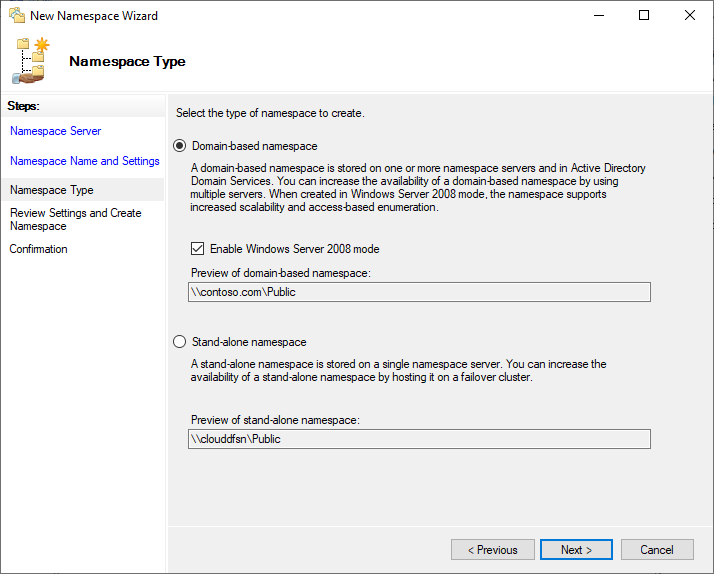 Screenshot: Auswahl zwischen einem domänenbasierten Namespace und einem eigenständigen Namespace im Assistenten für neue Namespaces