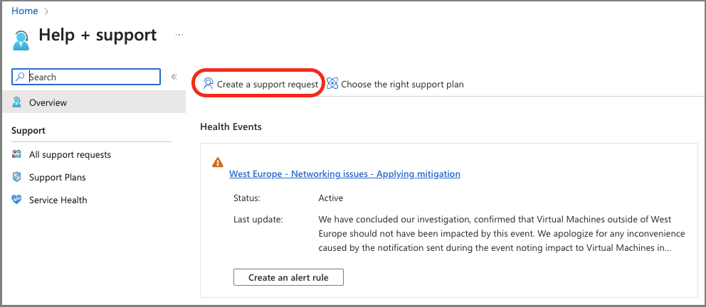 Screenshot: Seite „Supportanfrage erstellen“ im Azure-Portal