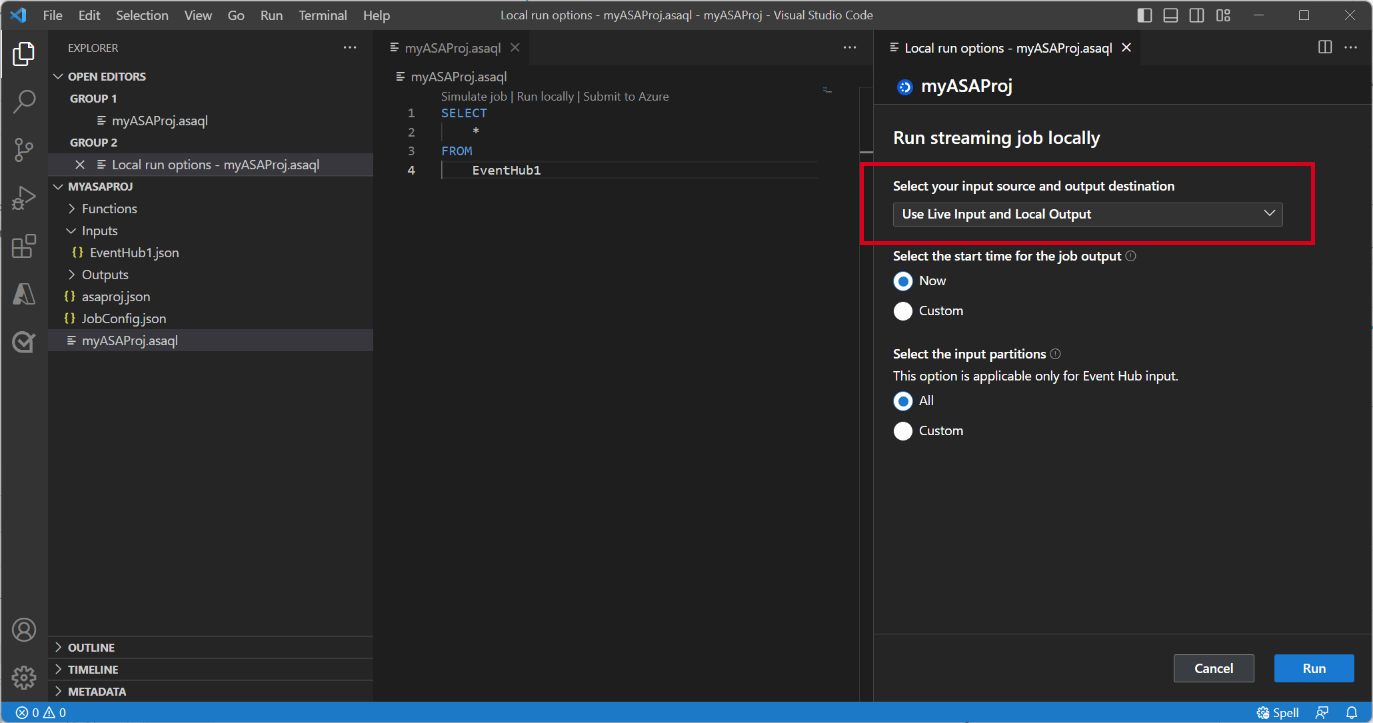 Screenshot der VSCode-Erweiterung bei Auswahl des Wiedergabemodus für die lokale Ausführung