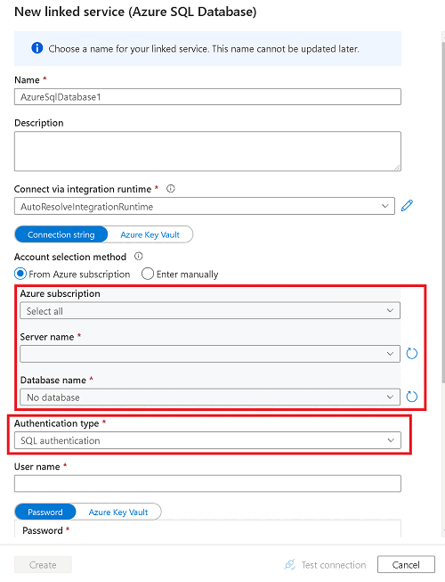 Screenshot: Eingeben der Server- und Datenbankdetails zum Erstellen eines neuen verknüpften Diensts.