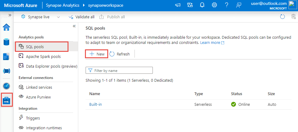 Screenshot: Erstellen eines neuen dedizierten Azure Synapse SQL-Pools aus Synapse Studio.