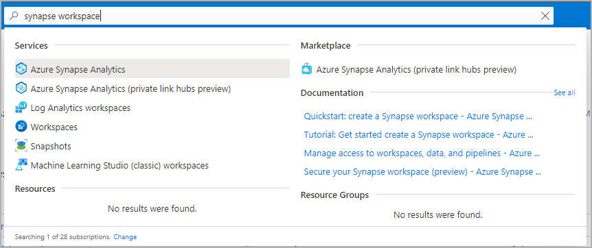 Suchleiste im Azure-Portal mit der Eingabe „Synapse-Arbeitsbereiche“.