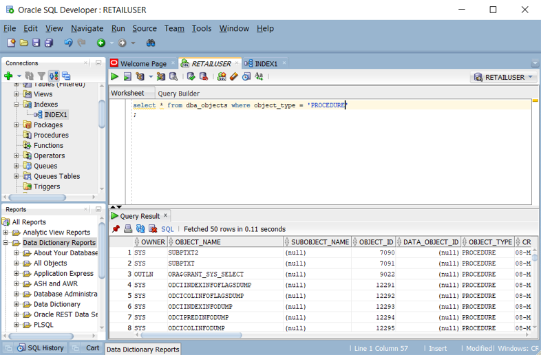 Der Screenshot zeigt, wie eine Liste von Funktionen in Oracle SQL Developer abgefragt wird.