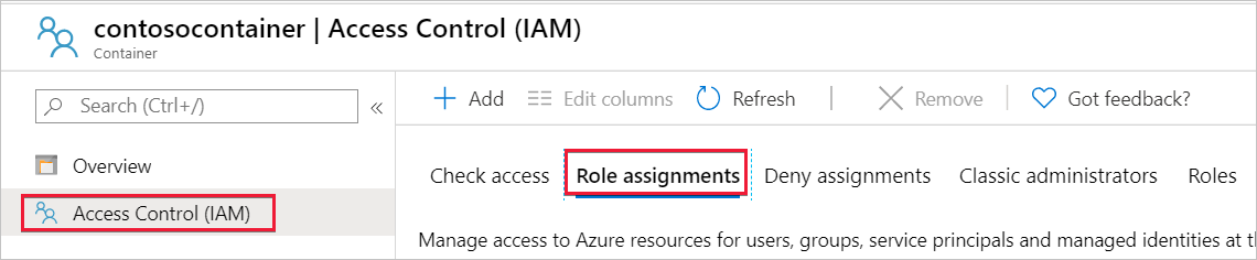 Screenshot der Schaltfläche „Rollenzuweisungen“ im Azure-Portal, mit der die Rollenzuweisung überprüft wird.