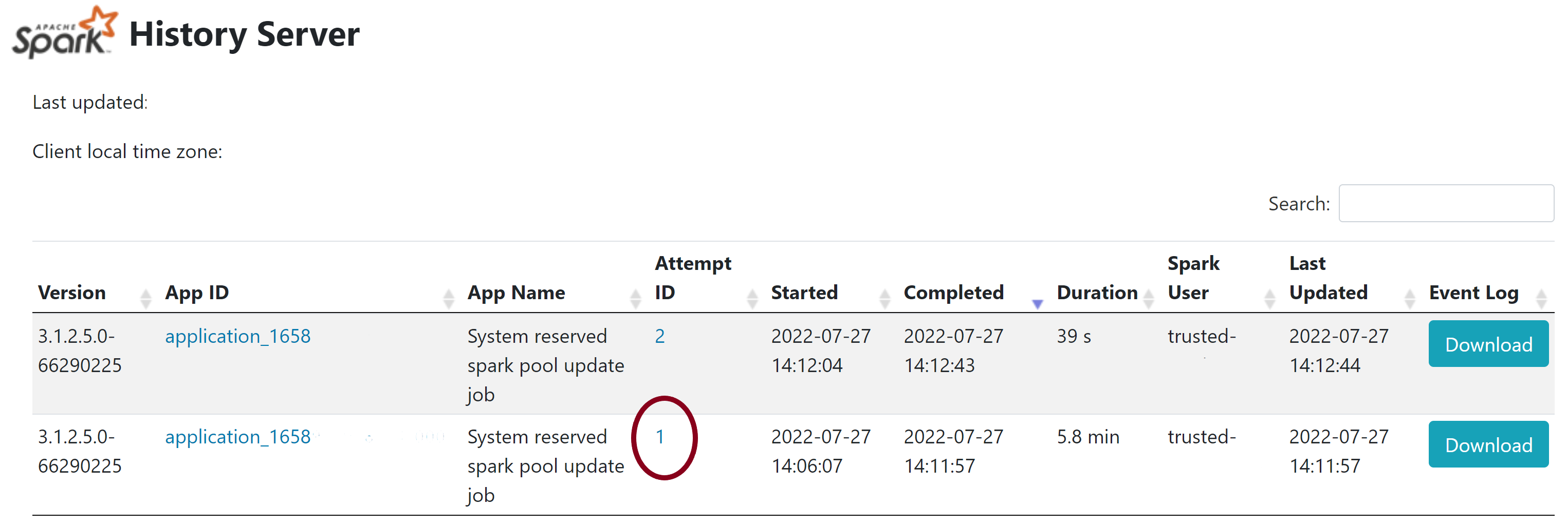 Screenshot mit hervorgehobenen Details zum Executor für den fehlgeschlagenen vom System reservierten Bibliotheksauftrag auf der Seite „Spark-Verlaufsserver“