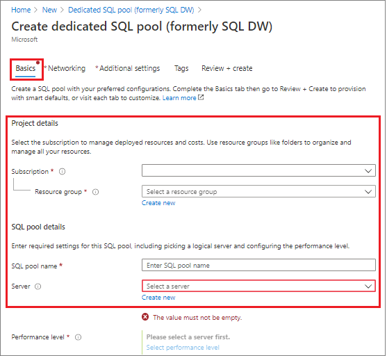 Screenshot des Azure-Portals. Erstellen Sie Data Warehouse-Basisdetails.