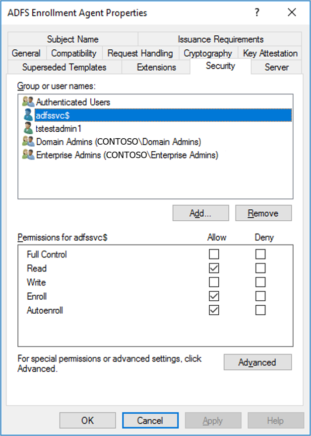 Screenshot: Registerkarte „Sicherheit“ der Zertifikatvorlage des Registrierungs-Agents, nachdem dieser ordnungsgemäß konfiguriert wurde.