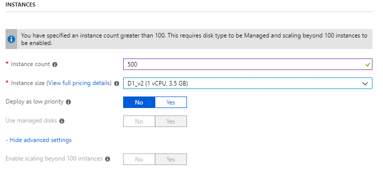 Diese Abbildung zeigt das Blatt „Instanzen“ im Azure-Portal. Es sind Optionen zum Auswählen der Instanzanzahl und -größe verfügbar.