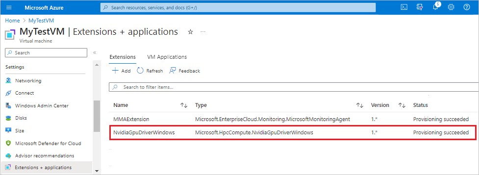 Screenshot: NVIDIA GPU-Erweiterung in der Liste der Erweiterungen für die VM im Azure-Portal.