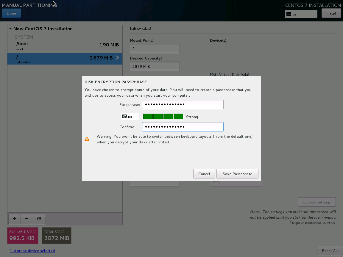 CentOS 7-Setup: Passphrase angeben