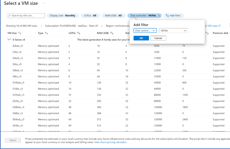 Screenshot der Auswahl zum Hinzufügen eines Datenträgercontrollerfilters für die NVMe-Schnittstelle.