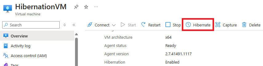 Screenshot der Schaltfläche zum Wechseln eines virtuellen Computers in den Ruhezustand im Azure-Portal.