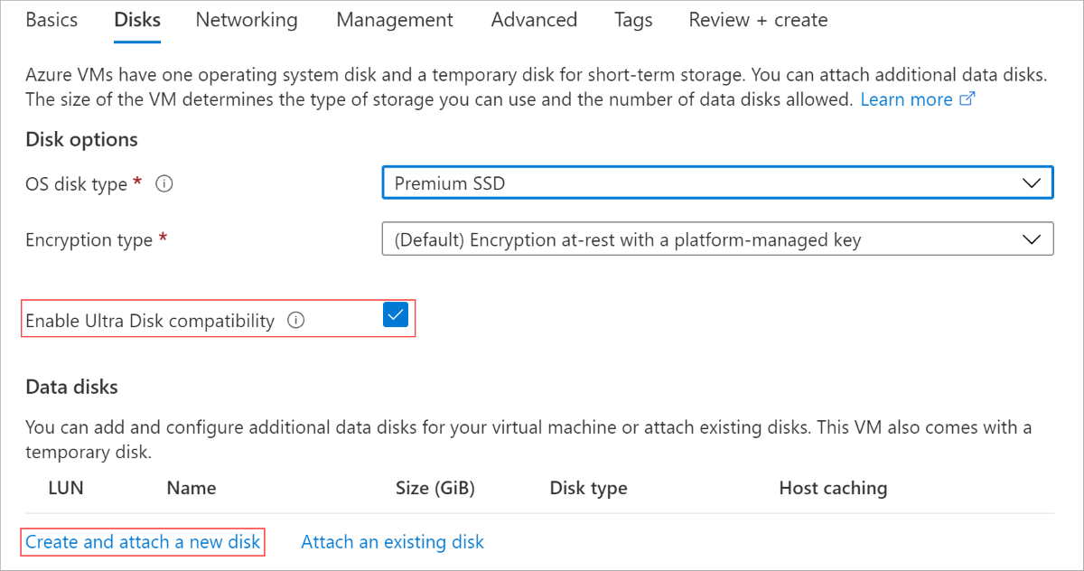 Screenshot: Arbeitsablauf zur VM-Erstellung, Blatt „Datenträger“, „Disk Ultra“ ist aktiviert, die Optionen zum Erstellen und Anfügen eines neuen Datenträgers sind hervorgehoben.