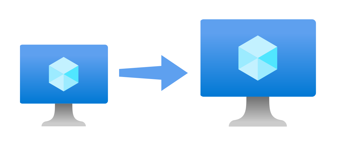 Ein Diagramm mit einem kleineren Azure-VM-Symbol mit anwachsendem Pfeil, der auf ein neues größeres Azure-VM-Symbol zeigt.