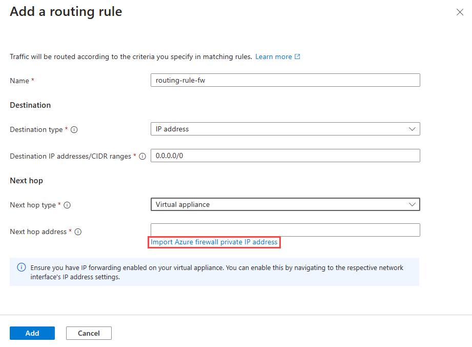 Screenshot der Routingregel mit der Azure Firewall-Option.