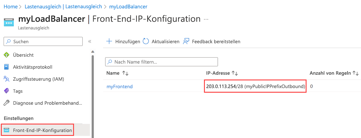 Screenshot der Seite „Front-End-IP-Konfiguration“ des Lastenausgleichs mit dem neuen öffentlichen IP-Präfix