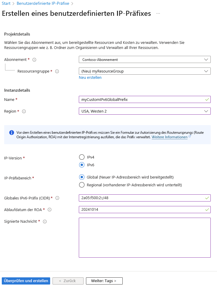 Der Screenshot der Seite Benutzerdefiniertes IP-Präfix erstellen im Azure-Portal.