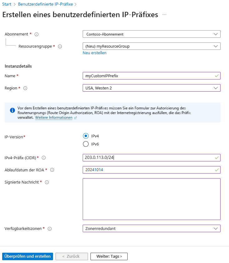 Der Screenshot der Seite Benutzerdefiniertes IP-Präfix erstellen im Azure-Portal.