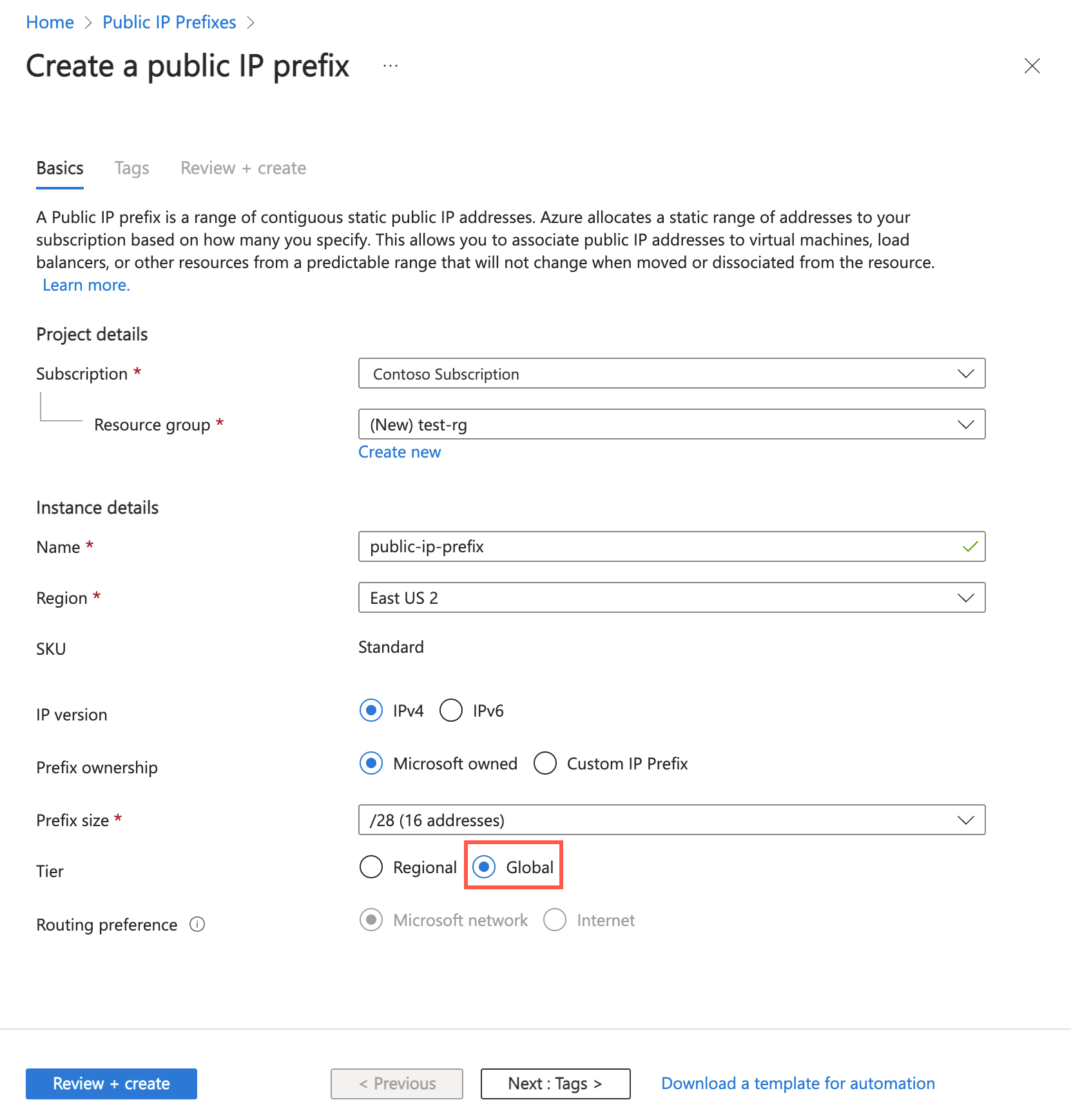 Screenshot: erstellen eines Präfixes für öffentliche IP-Adressen mit dem globalen Tarif im Azure-Portal