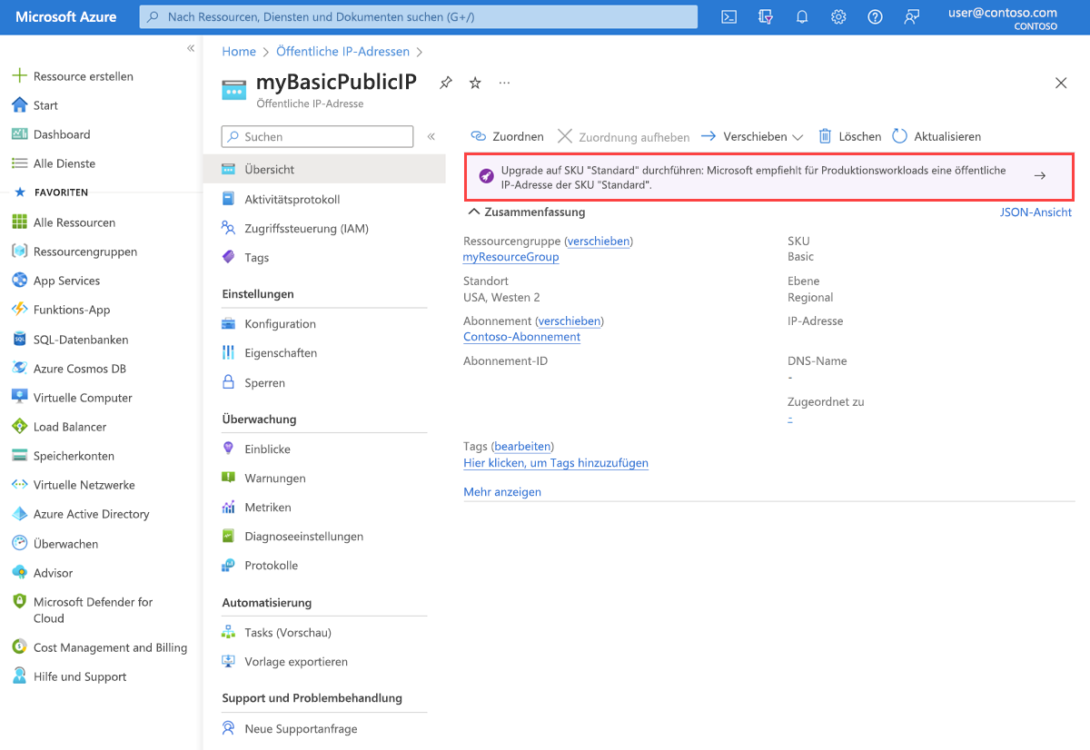 Screenshot showing the upgrade banner in Azure portal used to upgrade basic IP address.