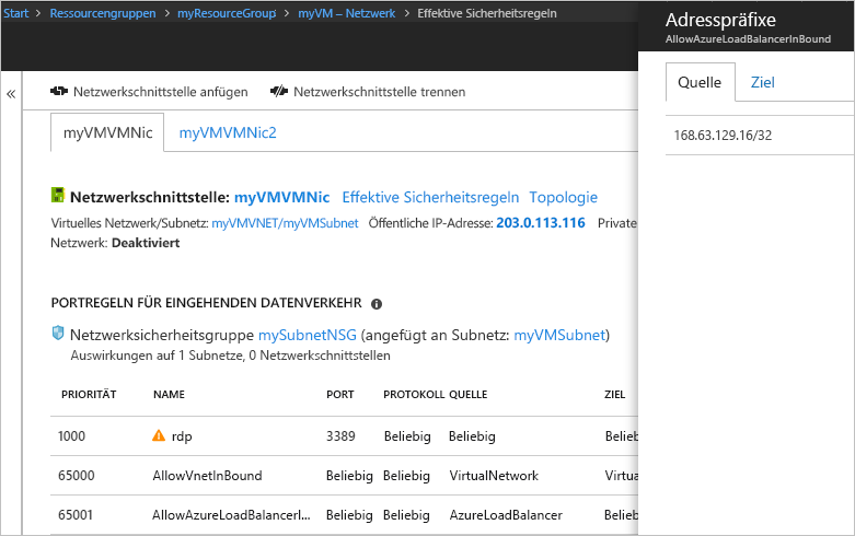 Screenshot mit eingegebenen Adresspräfixen für „AllowAzureLoadBalancerInbound“