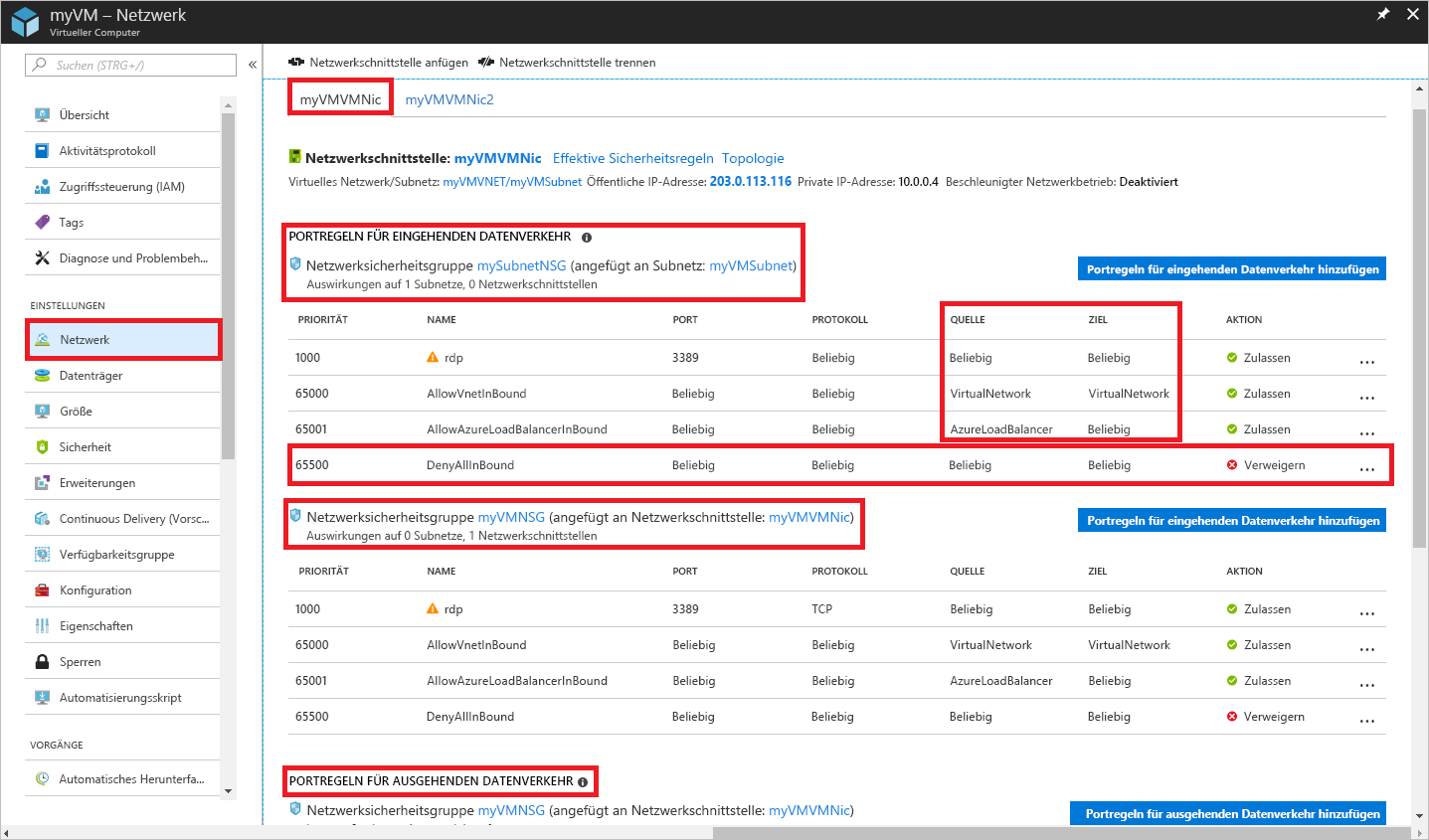 Screenshot: Azure-Portal mit Netzwerkeinstellungen für myVMVMNic