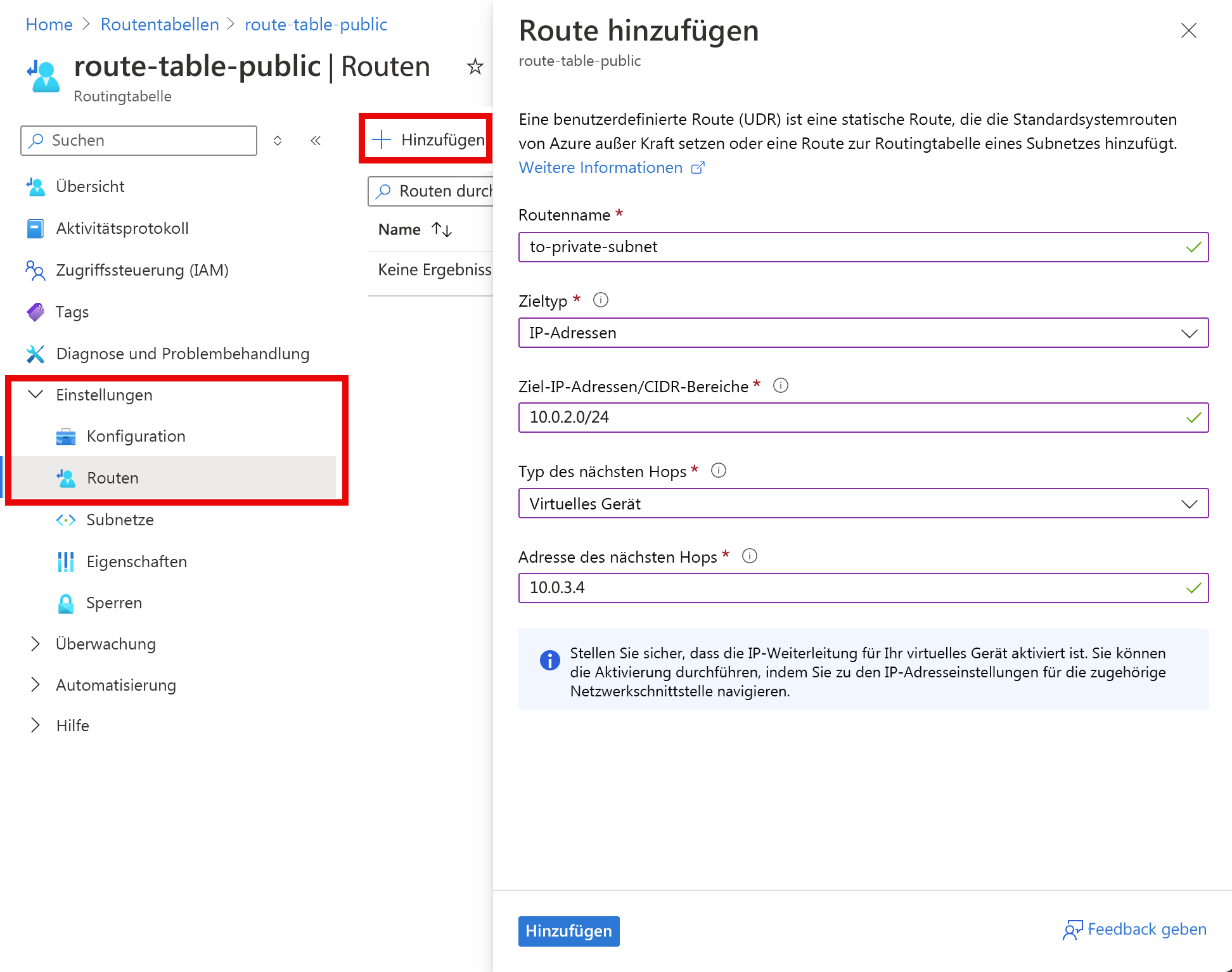 Screenshot: Routenerstellung in der Routingtabelle