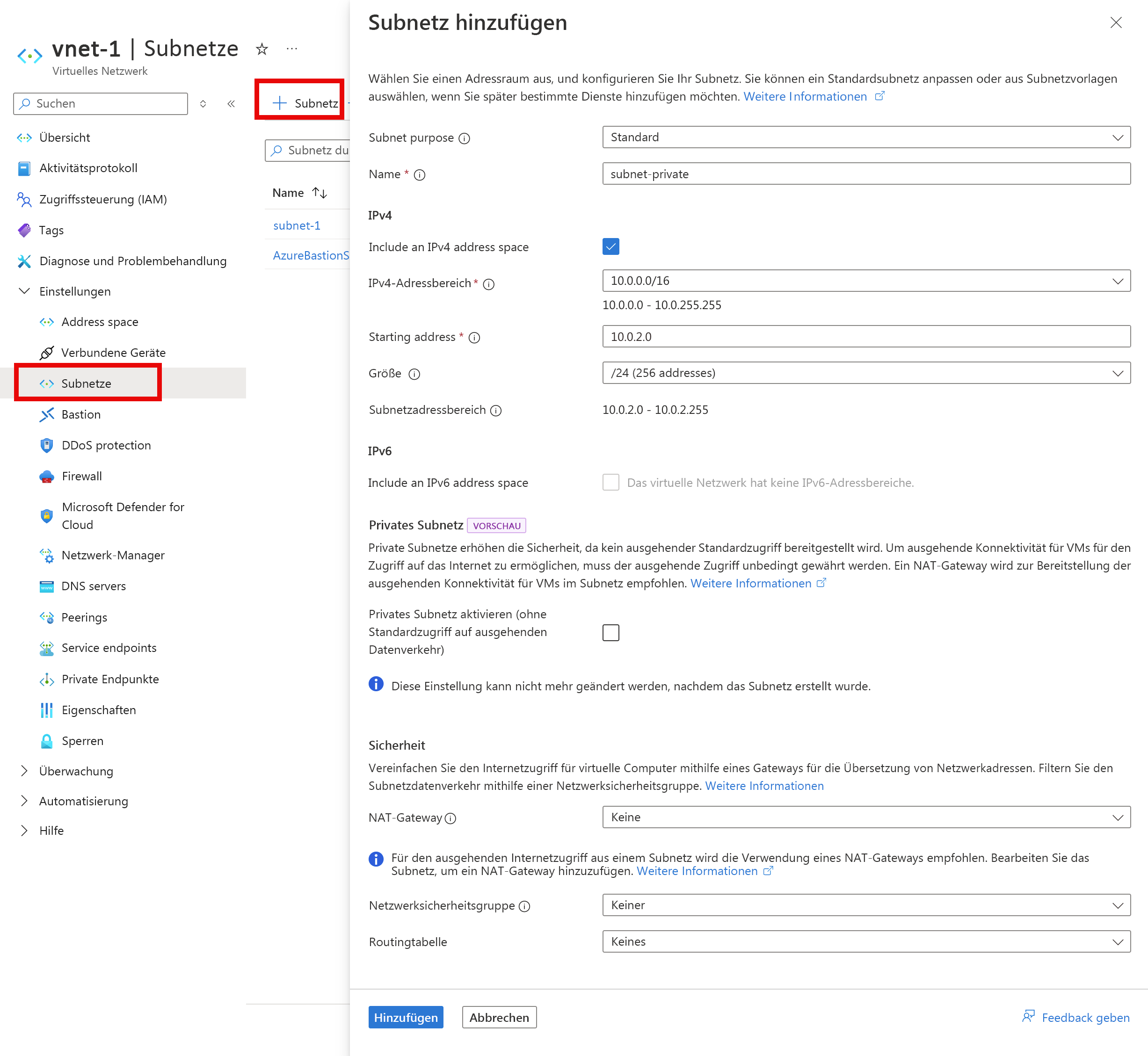 Screenshot: Erstellung eines privaten Subnetzes im virtuellen Netzwerk