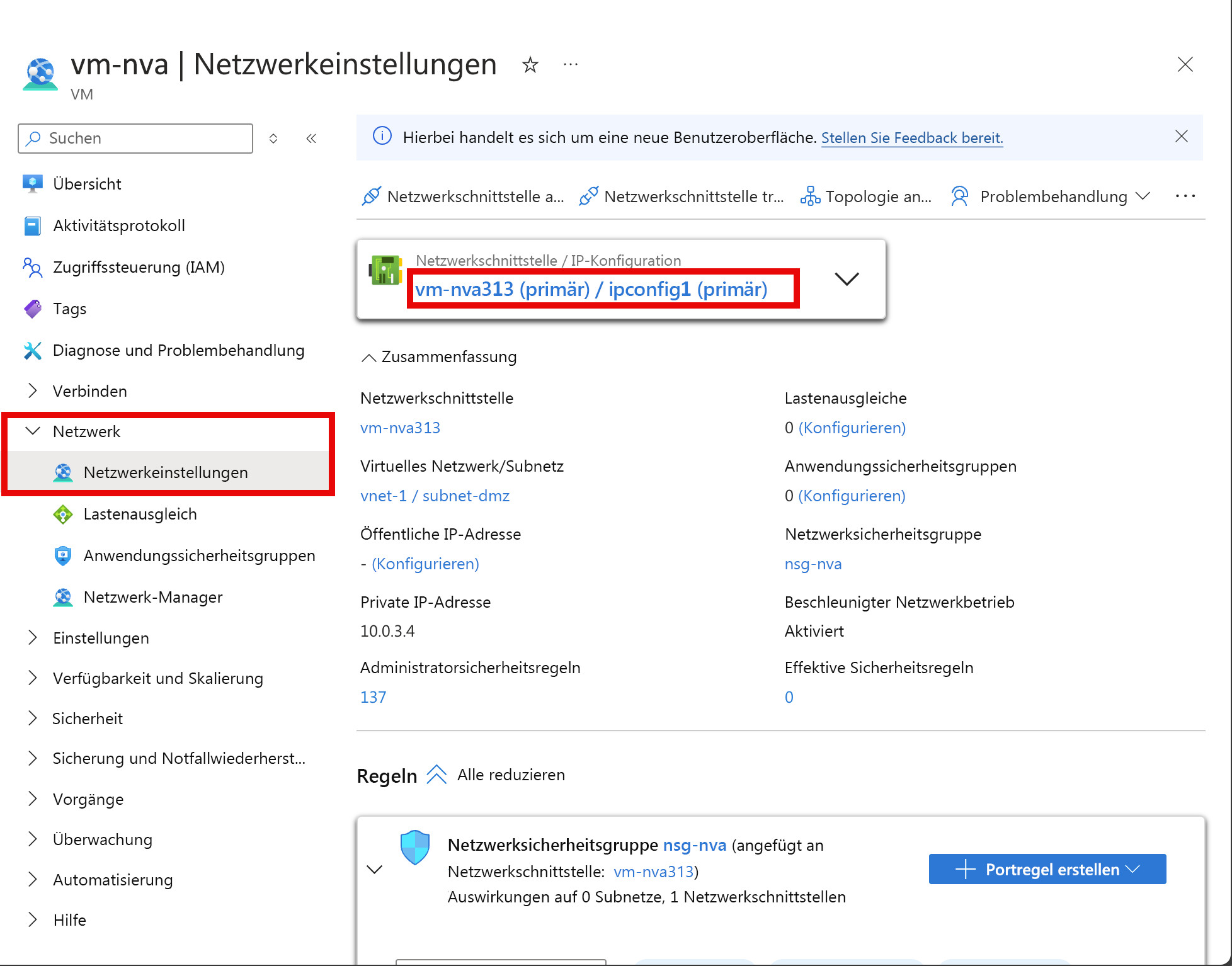 Screenshot: Netzwerkschnittstelle des virtuellen NVA-Computers