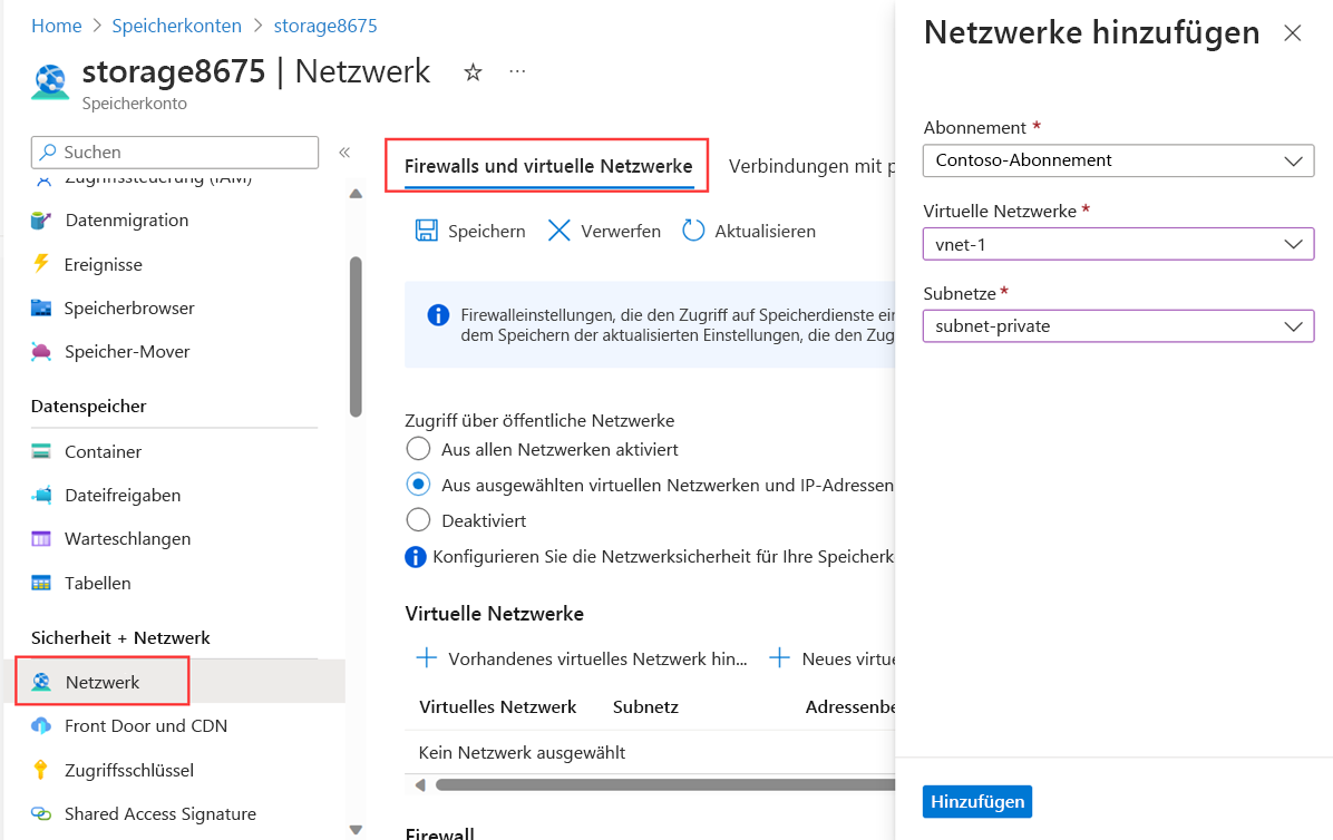 Screenshot: Einschränkung des Speicherkontos auf das zuvor erstellte Subnetz und virtuelle Netzwerk