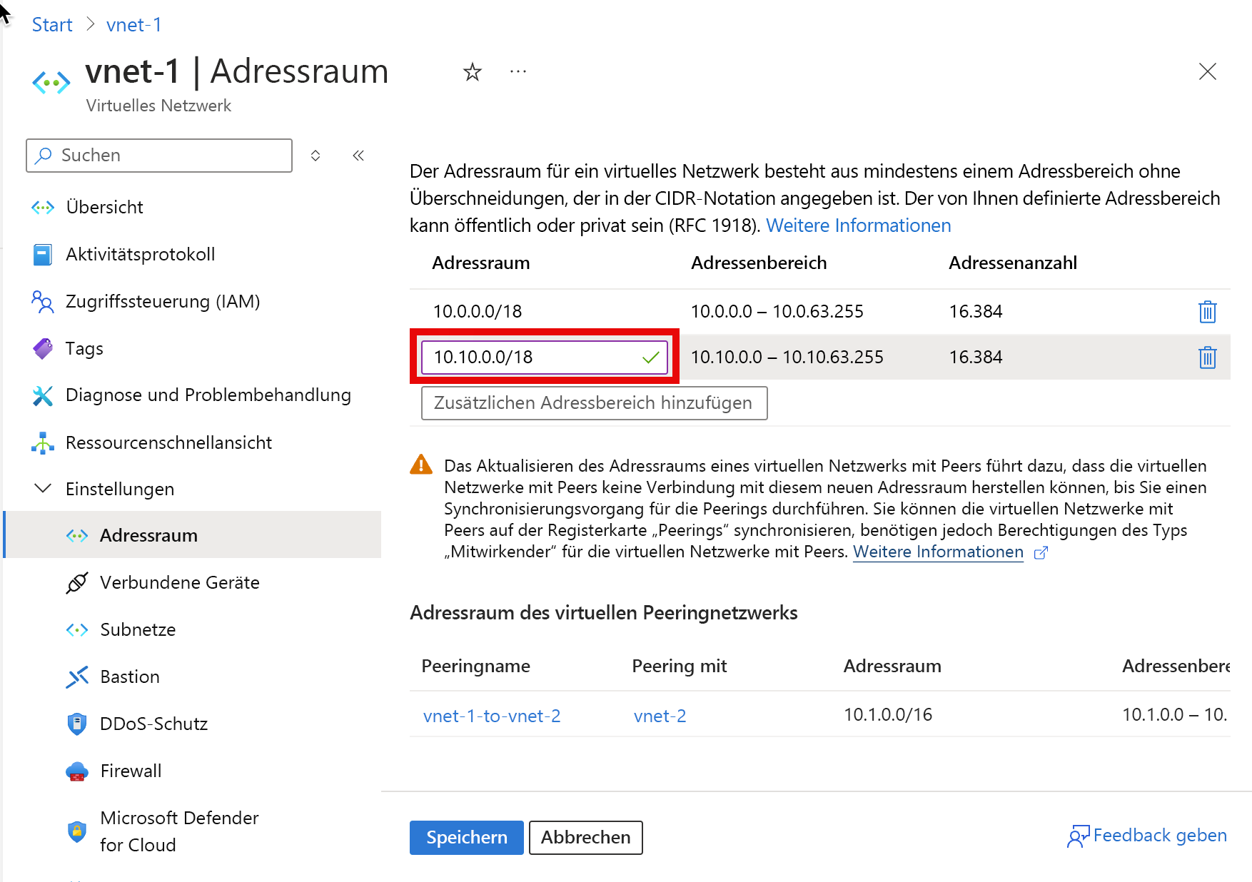 Screenshot: Seite „Adressraum“, die zum Hinzufügen eines IP-Adressbereichs dient