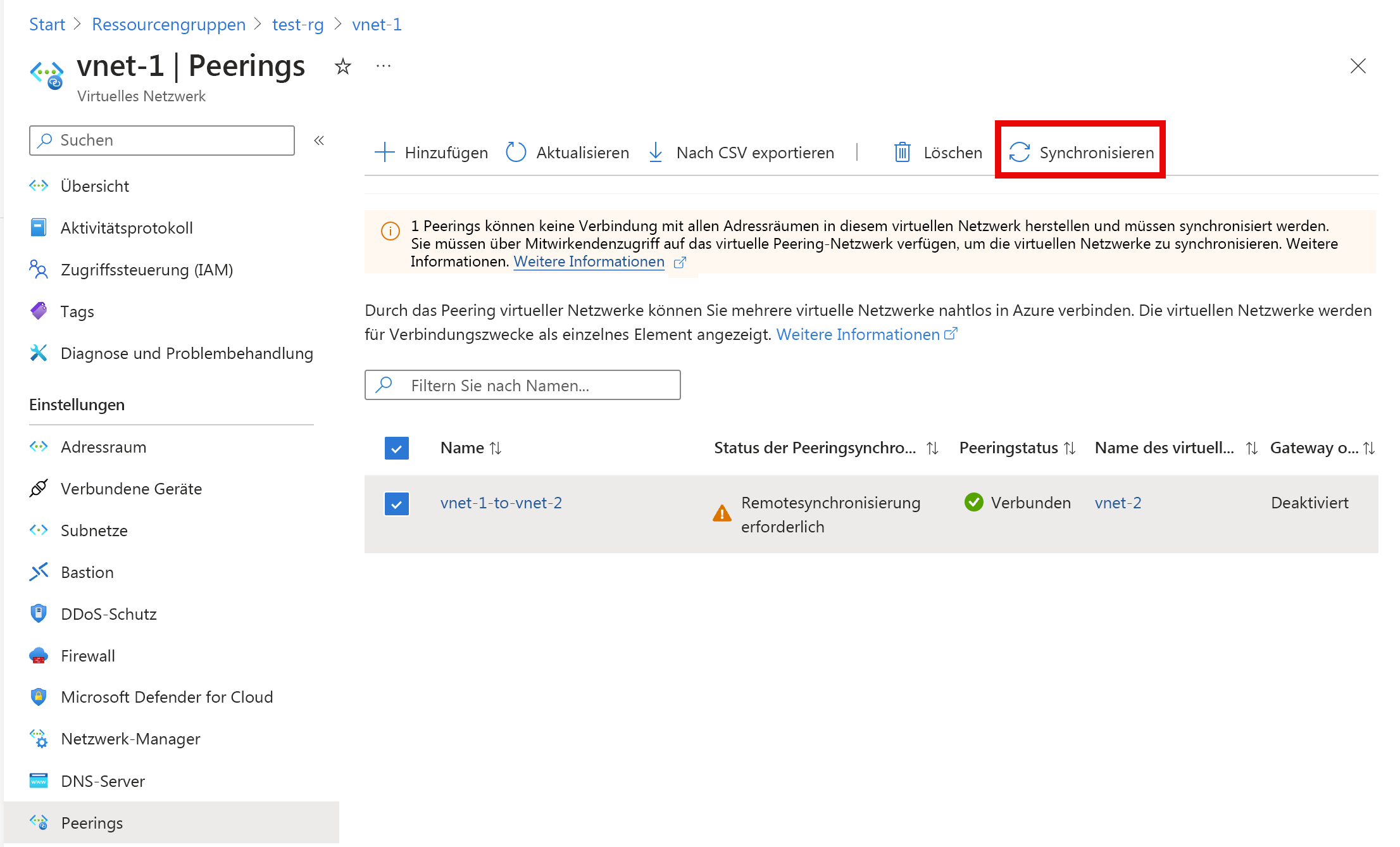 Screenshot: Seite „Peerings“, auf der Sie eine Peeringverbindung neu synchronisieren