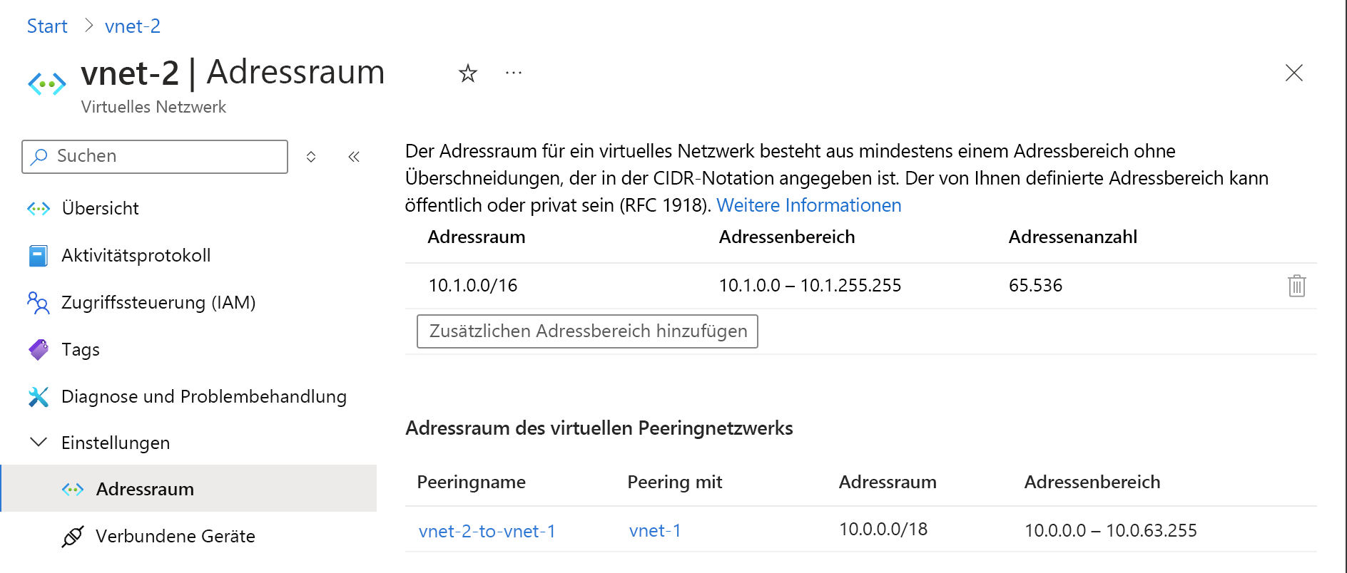 Screenshot: Seite „Adressraum“, auf der Sie überprüfen, ob sich der Adressraum geändert hat